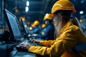A woman in a hard hat working on a computer photo