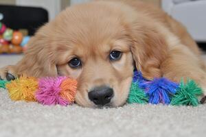 A dog laying on the floor with colorful toys photo
