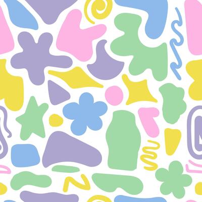 Pastel color seamless pattern. Retro trippy cute pink figures on white background. Summer abstract floral textile vintage print. Pastel trendy garden ornament in 70s moody style