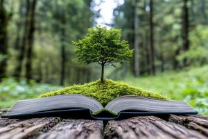 An open book with a tree growing out of it in the middle of a forest photo