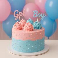 Gender Reveal Cake with Pink and Blue Frosting and Festive Balloons Celebrating Baby Announcement photo