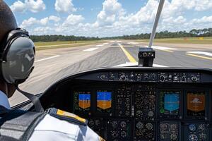 A man in a pilot's seat of a small plane photo