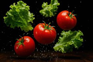 Fresh Green Lettuce and Red Tomatoes Falling in Slow Motion with Probe Lens Detailing on a Black Background Capturing the Dynamic Energy of Vegetables in Motion photo
