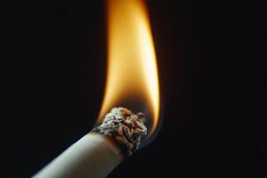 A close up of a lit cigarette with a black background photo