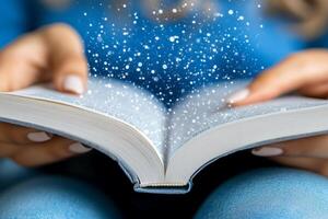 A person reading a book with snow falling from the pages photo