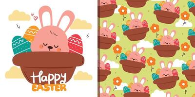 cute card and pattern for easter holiday. easter theme card and pattern with bunny, eggs vector