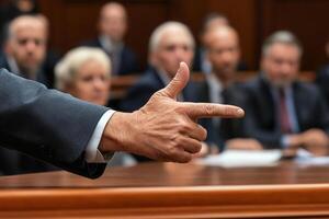 A man pointing at a judge in a courtroom photo
