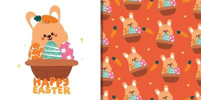 cute card and pattern for easter holiday. easter theme card and pattern with bunny, eggs and carrot vector