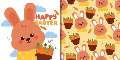 cute card and pattern for easter holiday. easter theme card and pattern with bunny and carrot vector