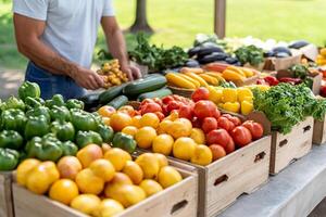 A man is standing in front of a table with many different types of vegetables photo