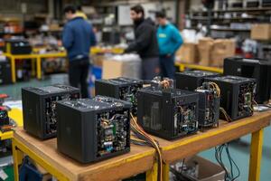 Several computers are sitting on a table in a factory photo