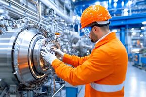 A man in an orange safety suit working on a machine photo