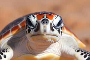 A close up of a turtle with a red and white face photo