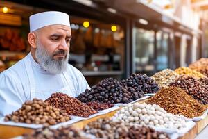 A man in a white hat is looking at a display of nuts photo