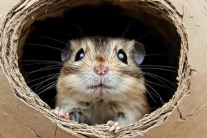 A hamster is peeking out of a hole in a cardboard box photo