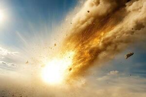 An explosion is seen in the sky with a large rock photo