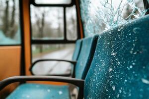 A broken window on a bus with a broken seat photo