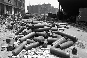 A black and white photo of a pile of rubble