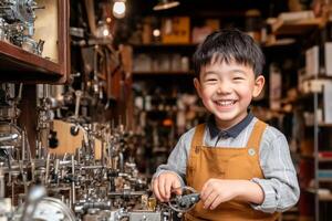A young boy is smiling while working in a shop photo