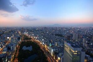 A view of the city skyline at dusk from the top of a building photo
