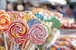 Many colorful lollipops are on sticks at a market photo