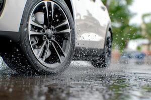 A car is driving on the road with water splashing off the tires photo