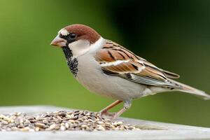 A small bird is eating seeds on a table photo