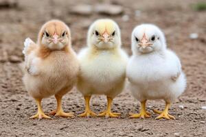 Three baby chickens standing in a dirt field photo
