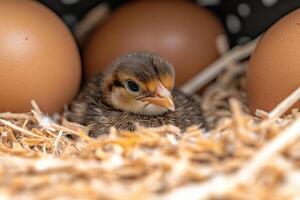 A baby chick in a nest with eggs photo