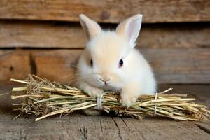 A small white rabbit is holding a bunch of hay photo