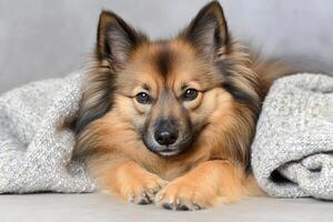 A dog laying on a blanket with its head down photo