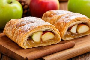 Two apple pastries with powdered sugar on a wooden cutting board photo