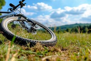 A bicycle is sitting on the grass in a field photo