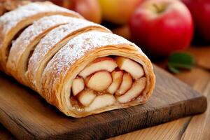A pastry with apples and powdered sugar on a wooden cutting board photo