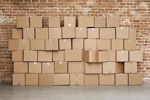 A large pile of cardboard boxes in front of a brick wall photo