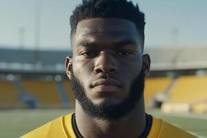 A man in a yellow jersey is looking at the camera photo
