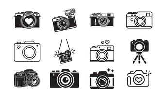 Camera Icon Set. Photography, Retro, DSLR, and Minimal Line Art Symbols vector
