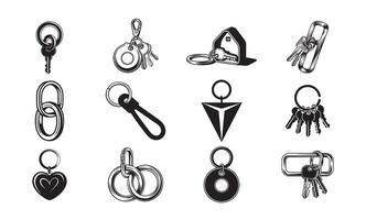 Keychain and Keyring Icon Set Collection of House Keys, Loops, Clips, and Key Holders in Black and White vector