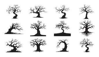 Haunted Tree Silhouette Set . Spooky, Twisted, Bare Tree Icons vector