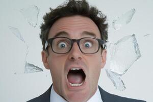 A man with glasses and a suit is making a face photo