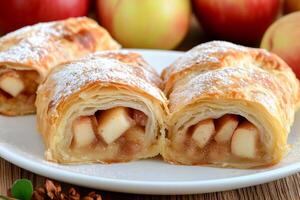 Apple pastry with cinnamon and apples on a plate photo