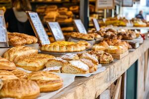 A bakery display with many pastries on display photo