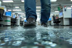 A person walking on a wet floor with water photo