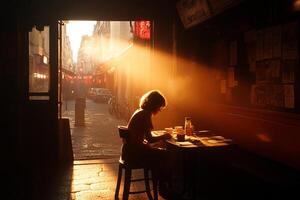 A woman sitting at a table in a restaurant photo