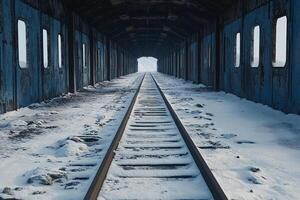 An empty train tunnel with snow on the ground photo