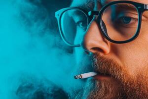 A man with glasses and a beard smoking a cigarette photo