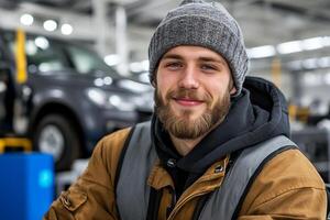 A man in a beanie and jacket sitting in front of a car photo