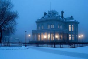 A large house in the snow with a light on photo