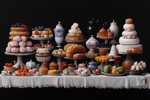 A painting of a table with many different types of food photo
