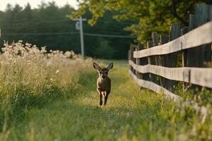 A deer is walking through a field near a fence photo